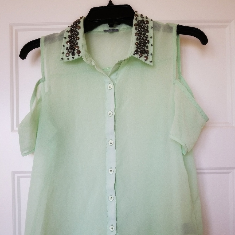 Charlotte Russe Green Sheer buttondown shirt Sz.S